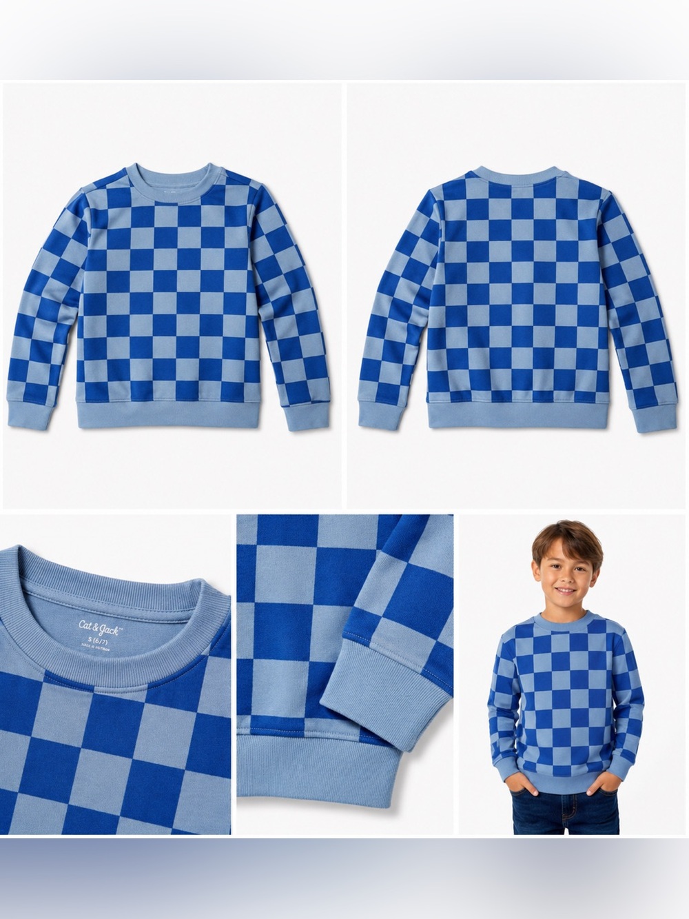 Cat & Jack Blue Checkerboard Long Sleeve Pullover Sweatshirt Size Small (6-7)